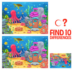 Find ten differences in underwater landscape with sea animals and ocean fishes, vector puzzle worksheet. Cartoon ocean characters of coral reef, octopus and turtle for kid game to find ten differences