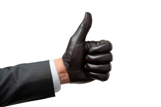 Confident Businessman Exuding Professionalism and Approval in Tailored Suit With Stylish Leather Gloves on White or PNG Transparent Background.