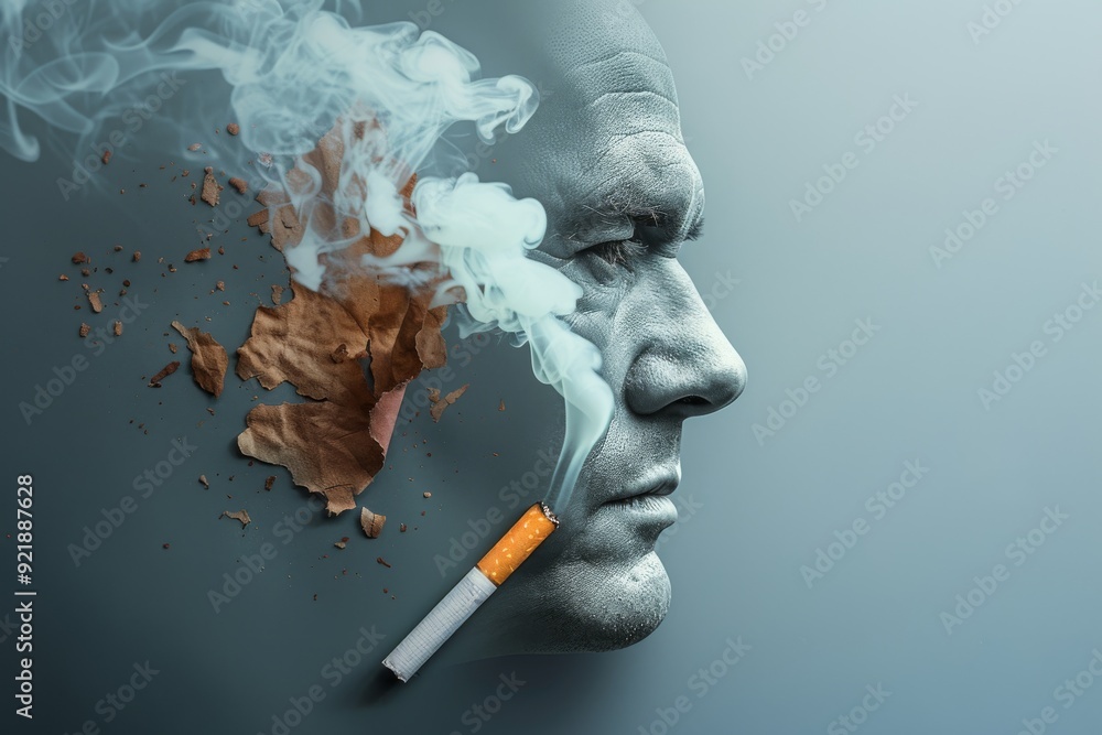 Poster dynamic interplay of smoke and fragmented elements around a human profile symbolizing the chaos and 