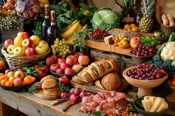 A vibrant market stall with a variety of fresh fruits, vegetables, bread, cheese, and wine, showcasing the abundance of local produce.