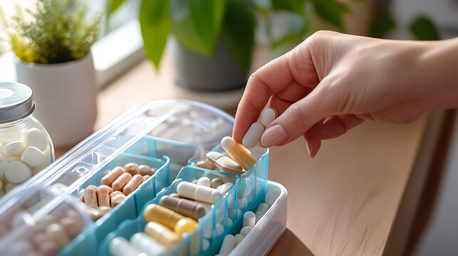 A hand placing a mineral supplement tablet into a weekly pill organizer, focusing on daily immune support. 
