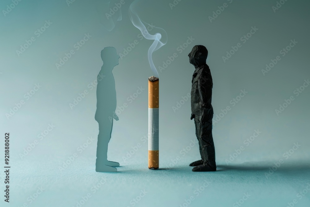 Poster minimalist scene with a man facing giant cigarettes representing the overwhelming challenge of quitt