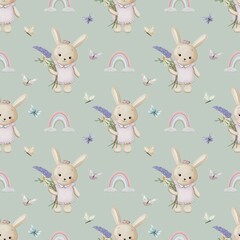 Cute seamless watercolour pattern of little bunny girl with flowers on colour background 