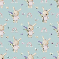 Cute seamless watercolour pattern of little bunny girl with flowers on colour background 