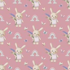Cute seamless watercolour pattern of little bunny girl with flowers on colour background 