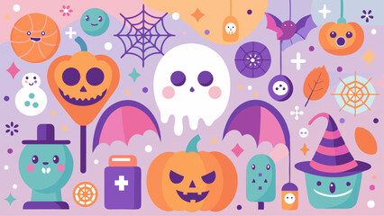 Halloween background with cute elements. Vector illustration in flat style.
