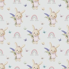 Cute seamless watercolour pattern of little bunny girl with flowers on colour background 