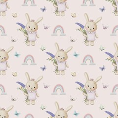 Cute seamless watercolour pattern of little bunny girl with flowers on colour background 