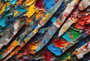 Rough background of scratches from colorful palette knife with selective focus, macro, close-up.