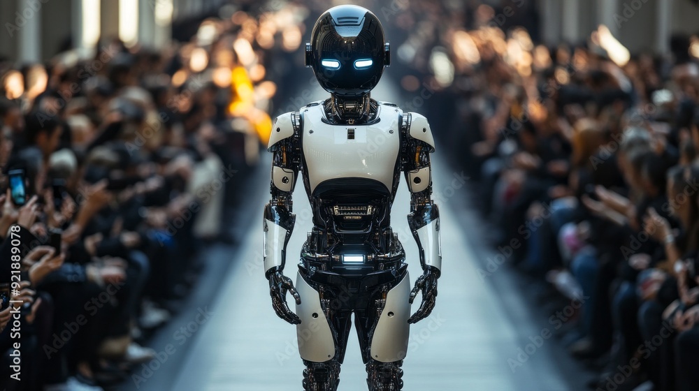 Aufkleber A robot is standing on a runway in front of a crowd of people