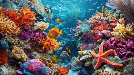 Naklejka premium A close-up of a vibrant coral garden, with various sea creatures like fish, starfish, and crabs adding to the beauty of the underwater world.