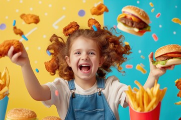 Happy girl with curly hair surrounded by fast food, holding a burger and chicken nuggets.
