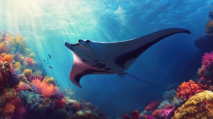 A graceful manta ray soaring through the ocean's depths, its large wings casting shadows over the vibrant coral below, creating a sense of awe and wonder.