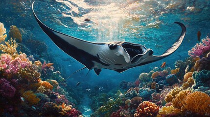 A graceful manta ray soaring through the ocean's depths, its large wings casting shadows over the vibrant coral below, creating a sense of awe and wonder.