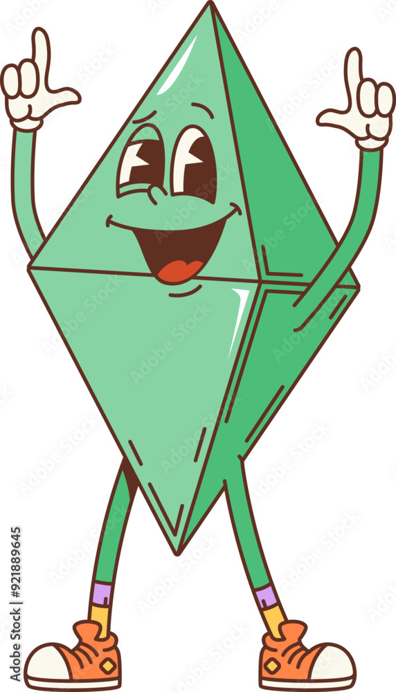 Poster Groovy math geometric rhombus figure. Isolated cartoon vector playful triangular dipyramid character with a green color, joyful face expression and raised arms. Educational personage for children book