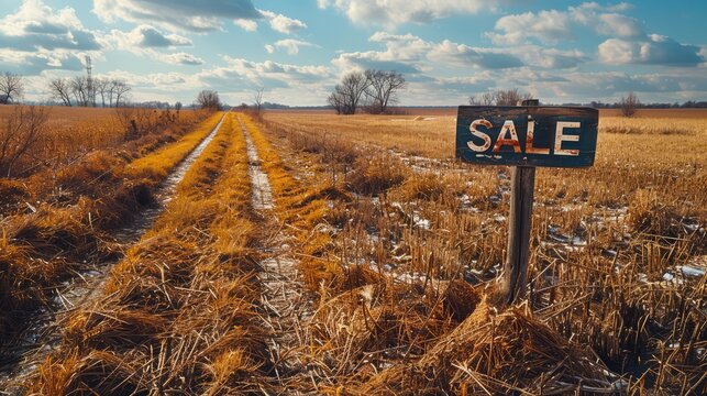 A 'sale' sign stands on a plot of land, a stark reminder of agricultural bankruptcy and unprofitable farming.