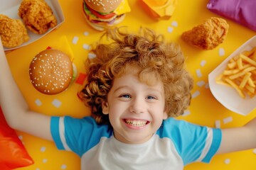 Happy kid lying on yellow background surrounded by fast food.