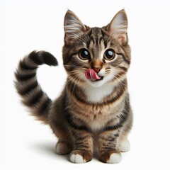 Obraz premium cat kitten tabby licking lips yummy delicious tasty happy portrait enjoying full-length white background isolated