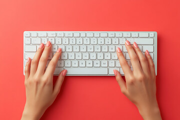 Top view of a woman’s hands typing on white keyboard, isolated red gradient background, flat lay, closeup.
