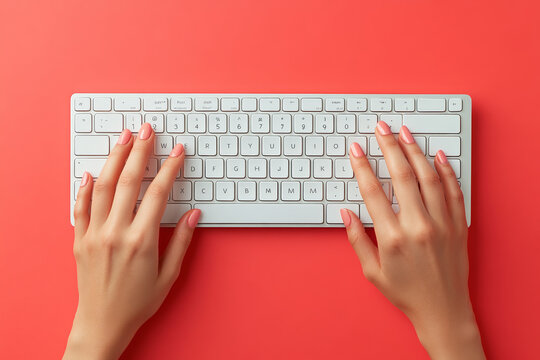 Top view of a woman’s hands typing on white keyboard, isolated red gradient background, flat lay, closeup.