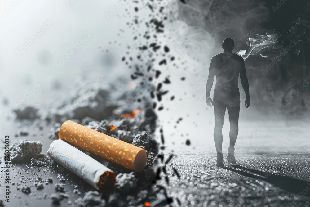 Poster dynamic visual of a cigarette igniting a colorful explosion symbolizing the sudden impact of smoking