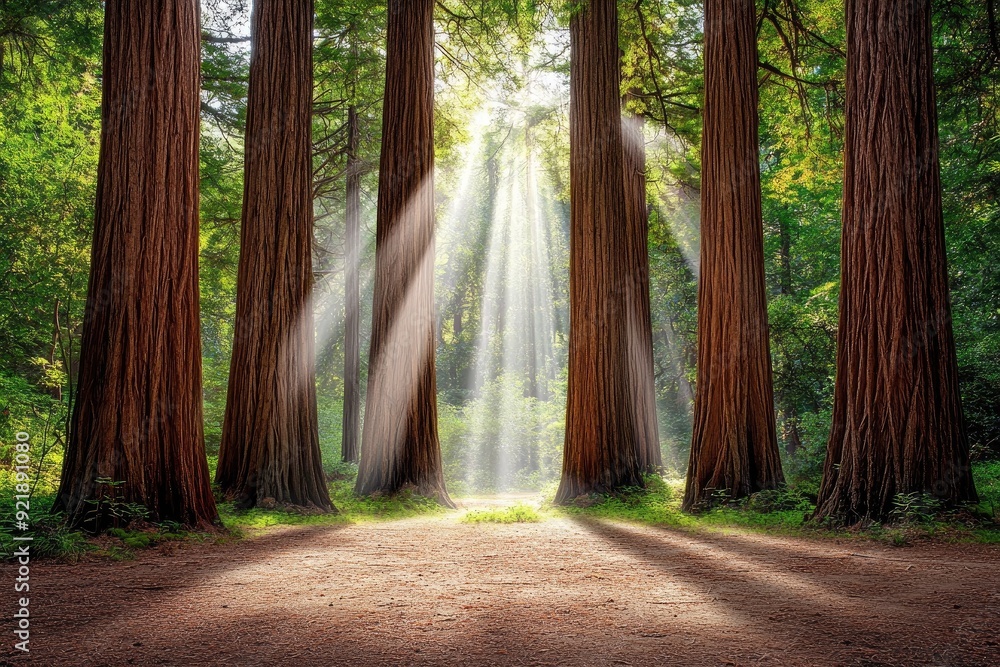 Poster sunlight streams through tall trees in a serene forest, creating a magical atmosphere of peace and t