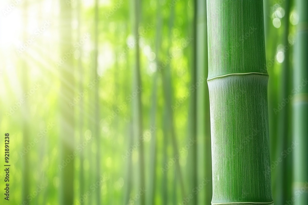 Poster lush bamboo forest with sun rays filtering through green foliage, creating a serene and tranquil atm