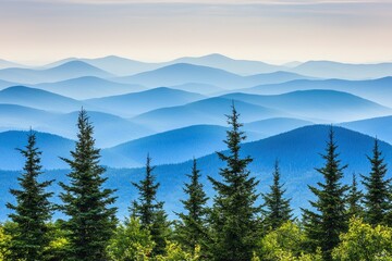 Naklejka premium Breathtaking view of layered mountains with lush evergreens in the foreground, showcasing nature's serene beauty and tranquility.