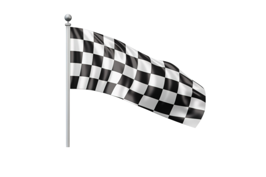 Vibrant Checkered Flag Dancing in the Breeze at a Sunny Outdoor Racing Event on White or PNG Transparent Background.