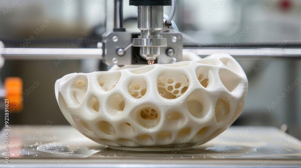 Poster a 3d printer is producing a detailed hollow object in a design workspace