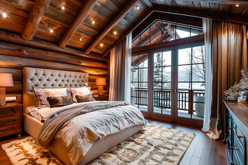 Cozy cabin bedroom with large windows, rustic wooden walls, soft lighting, plush bedding, and a wintery outdoor view