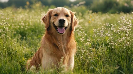 A golden retriever sitting in a grassy field smiling with its tongue out enjoying a sunny day
