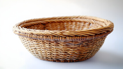 Obraz premium Vintage white background wicker basket with spiral weave thick round cane material and Southwestern Native American design
