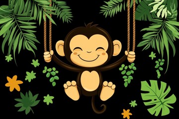 Naklejka premium Cute Cartoon Monkey Swinging On Vine In Jungle