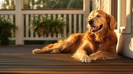A golden retriever lying on a porch basking in the warm sunlight with a peaceful happy expression