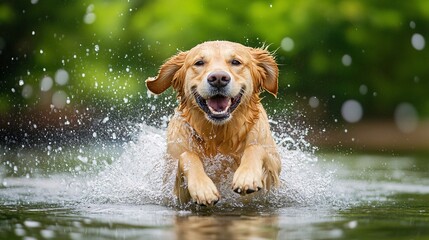 A golden retriever enjoying a splash in a lake water droplets glistening as it shakes off with a smile
