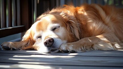 A golden retriever lying on a porch basking in the warm sunlight with a peaceful happy expression