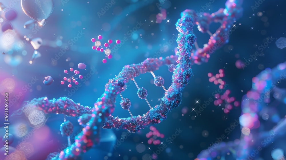 Poster a vibrant and intricate representation of dna, showcasing its double helix structure surrounded by c