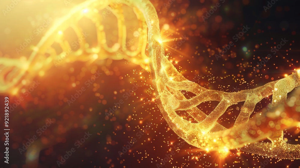 Poster a glowing dna strand with sparkling particles, symbolizing life and genetics. the image conveys a se