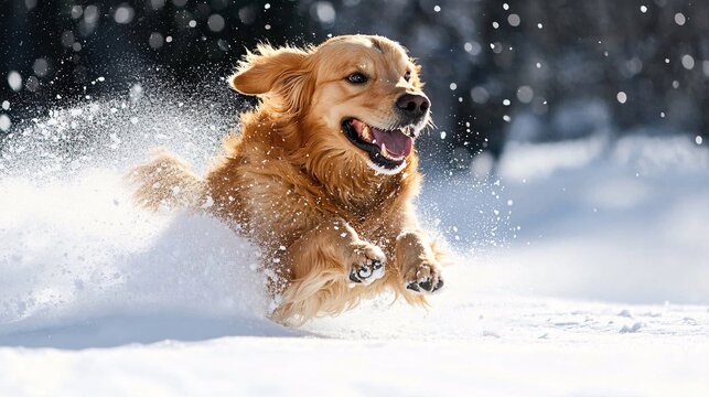 A golden retriever frolicking in the snow happily leaping through the powder with a joyful expression