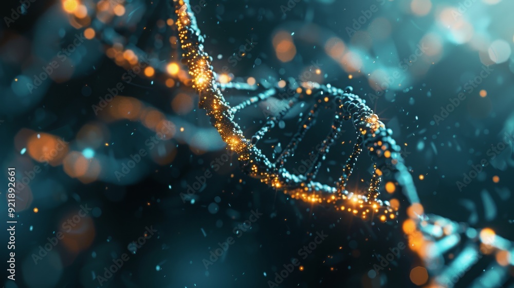 Poster a close-up view of a dna double helix structure, glowing with vibrant colors and particles, evoking 