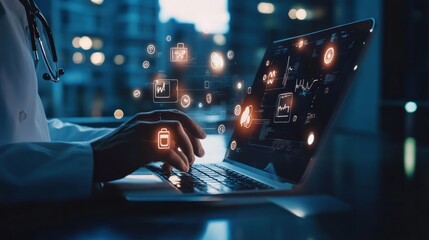 Doctor Using Laptop with Medical Icons