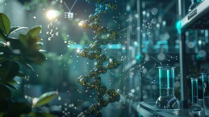 Naklejka premium A vibrant depiction of a DNA double helix surrounded by bubbles and laboratory equipment, evoking a sense of scientific discovery and innovation. 