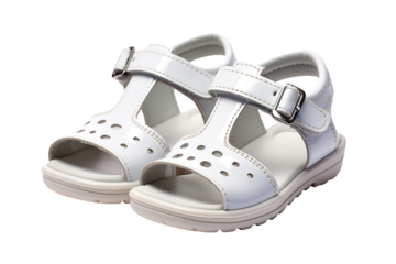 Stylish White Sandals With Unique Cut-Out Design on Display in Bright Studio Setting on White or PNG Transparent Background.