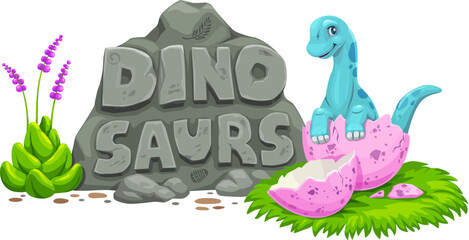 Prehistoric cartoon dino in eggshell. Isolated cute vector newborn sauropod baby dinosaur hatching from the broken egg shell and font on stone plate. Cute Jurassic era reptile for kids game or book © Vector Tradition