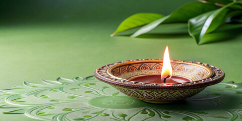 Brilliant Clay Diya Flame on Ornately Designed Thali: Celebrating the Essence of Hindu Beliefs