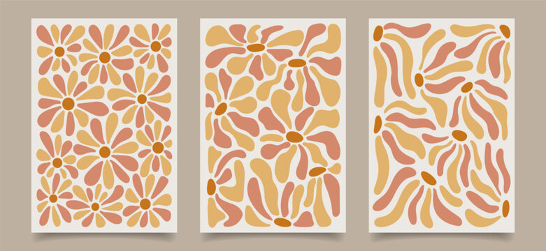 Set of wall floral retro posters. Collection of abstract tapestries in soft colors. Floral illustration, vector