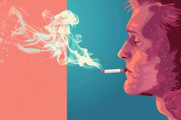 Fototapeta premium Surreal image of a face exhaling colorful smoke blending the beauty and peril of smoking in a single breath