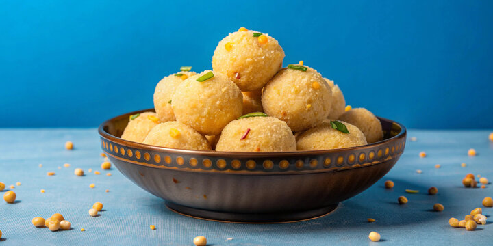 Homemade Besan Laddu in Decorative Bowl: Traditional Indian Sweet Symbolizing Offerings, Showcasing Heritage