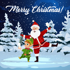 Cartoon Christmas Santa and elf with glasses of champagne wine and bottle. Drunk Santa Claus and Xmas helper vector characters dancing with alcohol drink at Christmas holiday party in winter forest